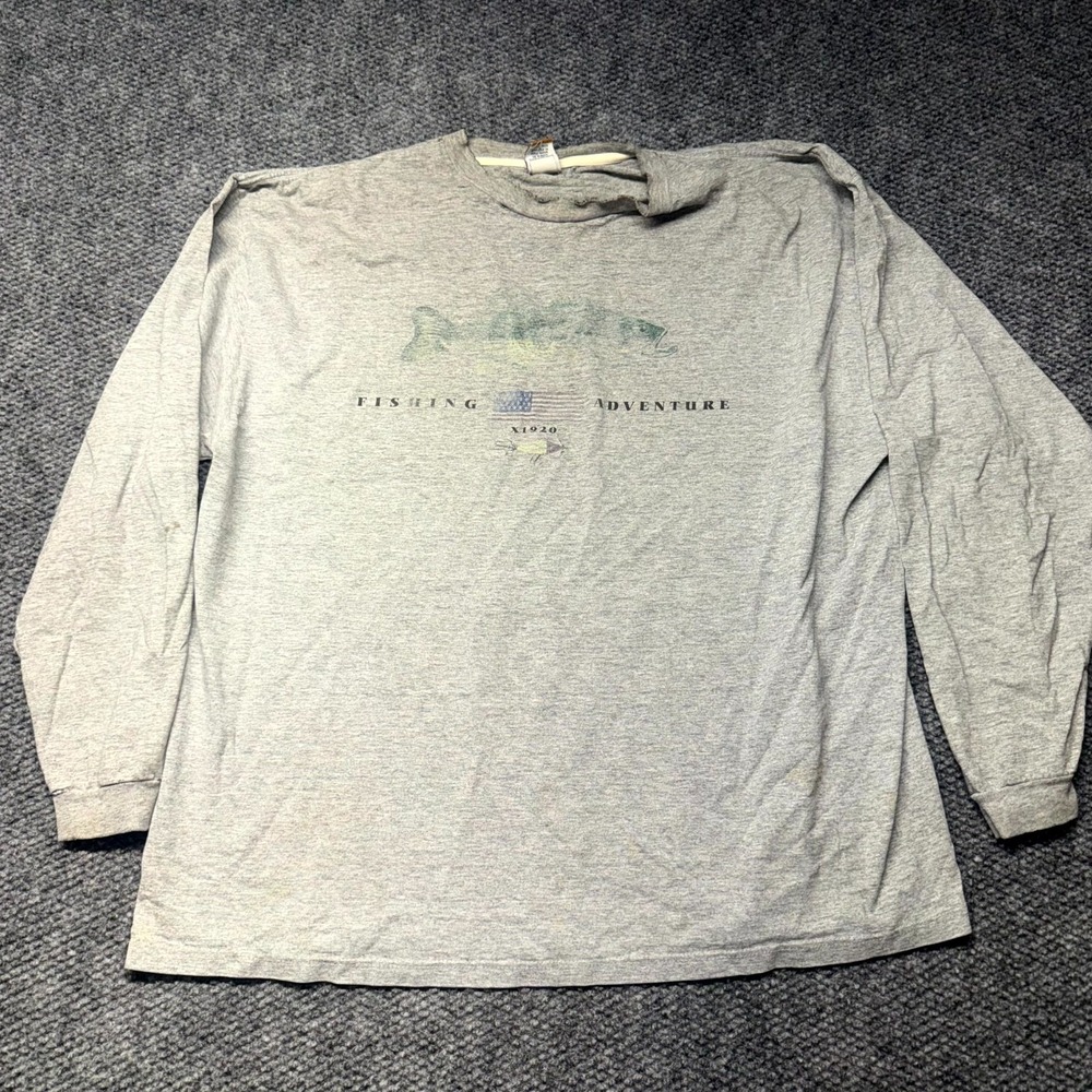 Vintage University Athletic Society Mens Gray Fishing Bass Graphic Shirt L/S